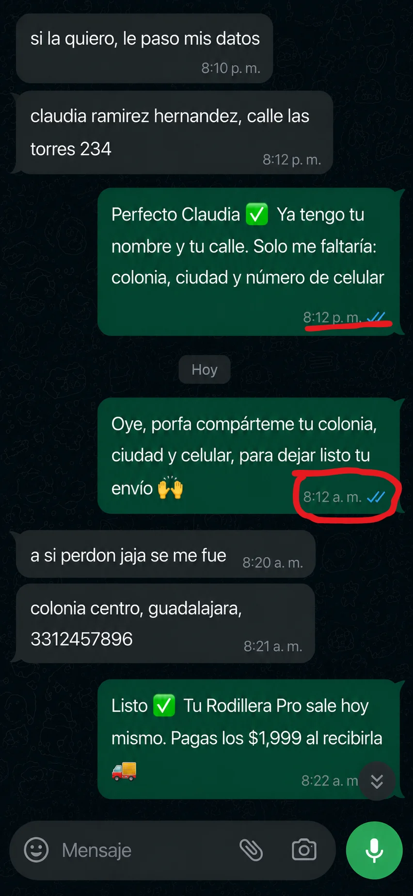 Conversación cerrada con datos de envío tras aplicar el protocolo